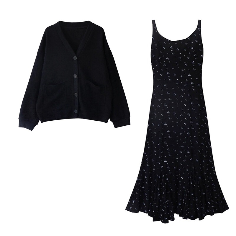 Autumn New French Slim Slim Fishtail Small Floral Suspender Skirt Dress Black Jacket Two-Piece Suit for Women Autumn New French Slim Slim Fishtail Small Floral Suspender Skirt Dress Black Jacket Two-Piece Suit for Women