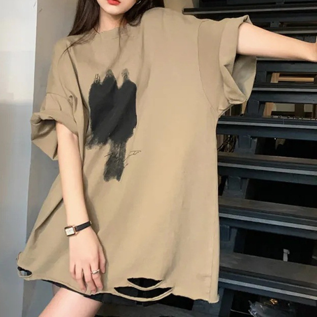 美式大码女装300斤宽松显瘦240慵懒BF风220圆领破洞短袖T恤上衣