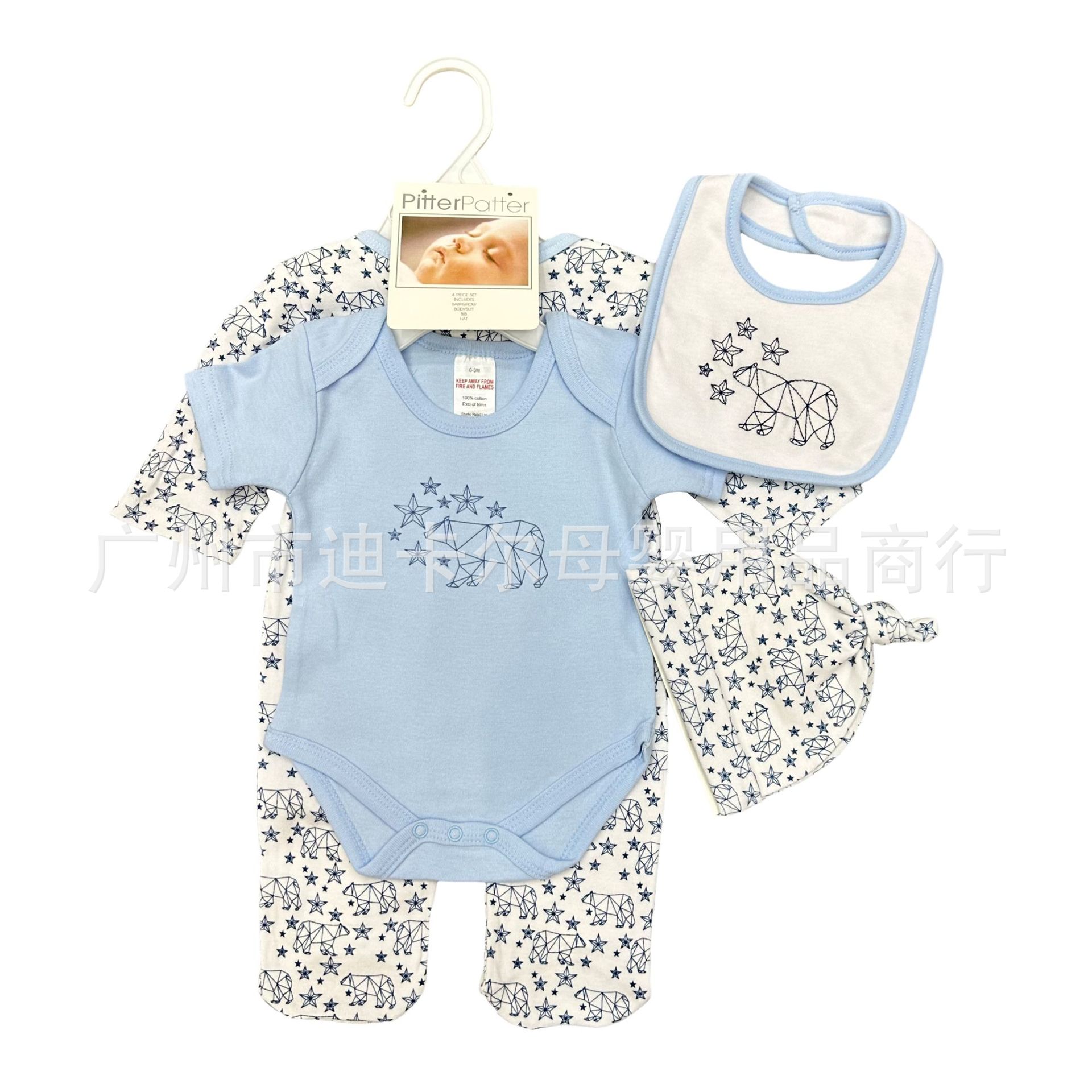 Conjunto de cuatro piezas para bebé recién nacido para comercio exterior, con gorro, babero, lindo conjunto de pelele, manga corta
