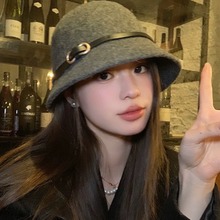 皮带扣羊毛帽子女秋冬简约日系小帽檐礼帽渔夫帽显脸小圆顶盆帽