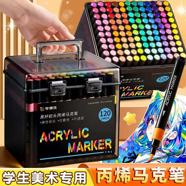 Boxed Acrylic Marker Pens with Soft Tips for Students and Children, Art Set, Windproof, Colorful Painting Pens, Stackable Colors, Non-Transparent
