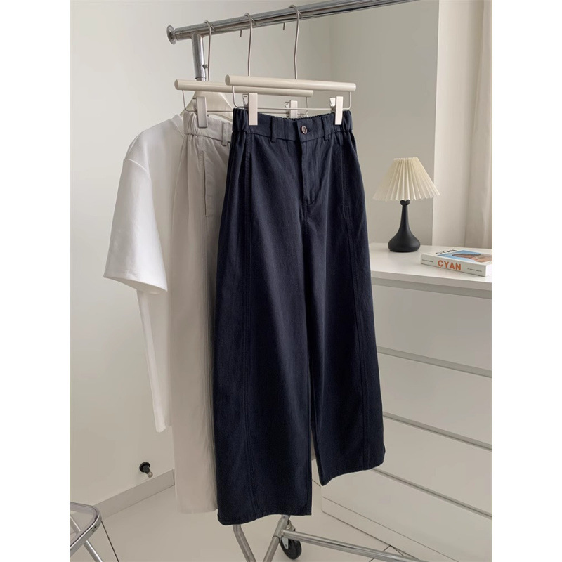 Japanese Retro Spliced Workwear Straight Cropped Pants for Women, Tencel Cotton, Hip-Covering, Slimming Wide-Leg Granny Pants, Carrot Pants for Spring