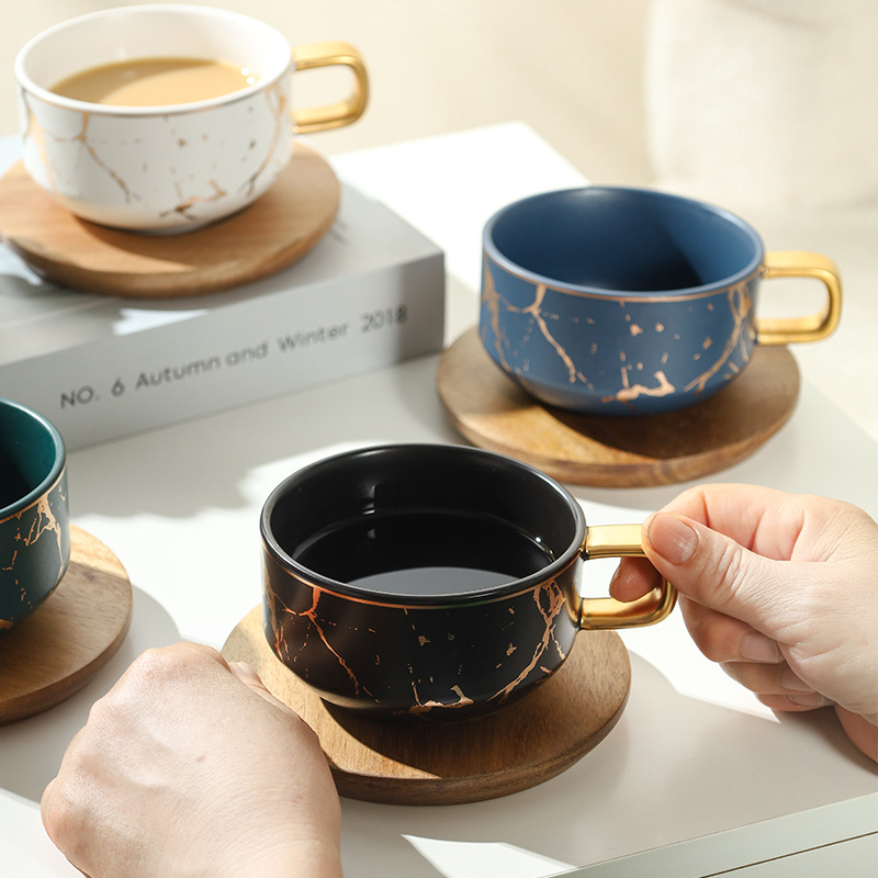 Juego de tazas y platillos de café de cerámica minimalista moderno, taza de mármol, taza de leche de desayuno para el hogar, taza y platillo creativos