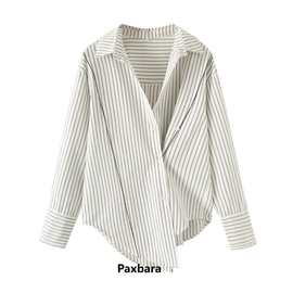 6692欧美跨境女装翻领不规则下摆条纹女式衬衣秋季衬衫女设计感