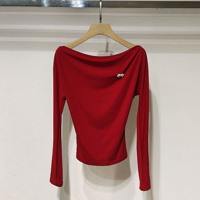 Shenzhen Nanyou 2026 Spring Women's Xsj1S04C Red Christmas New Year One Shoulder T-Shirt Top S260007