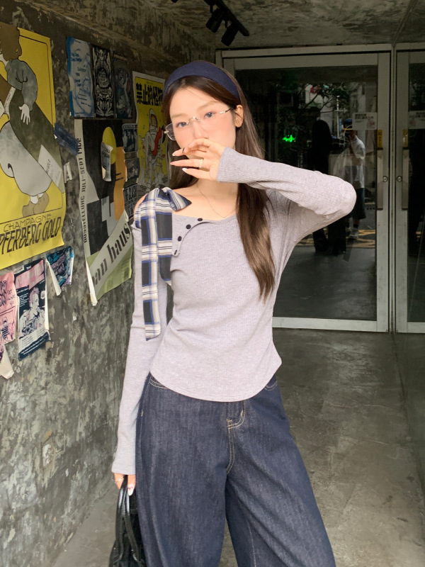 韩系斜肩露肩绑带长袖T恤女早秋穿搭褶皱显瘦不规则打底内搭上衣|undefined