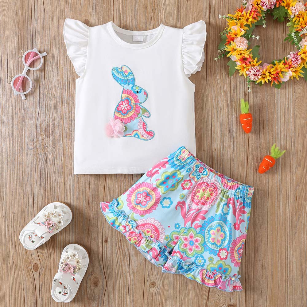 Girls' suit Summer Flower Rabbit Flying Sleeve Shorts Two-piece Set Easter Cool European and American Fashion Children's suit
