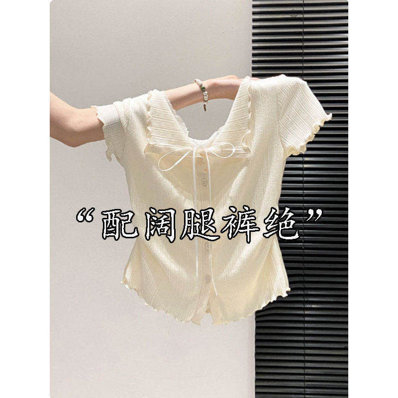 Super Soft and Skin-Friendly~ Stylish Lace-Trimmed Tie-Up Short-Sleeve T-Shirt for Women, High-End Slim-Fit Top with a Pure and Alluring Style Super Soft and Skin-Friendly~ Stylish Lace-Trimmed Tie-Up Short-Sleeve T-Shirt for Women, High-End Slim-Fit Top with a Pure and Alluring Style