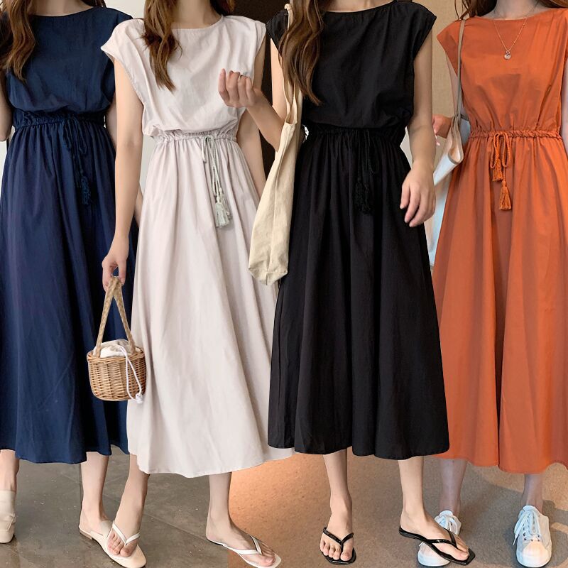 Japanese cross-border artistic large hem dress, 2026 summer new model, adjustable waist, loose fit, plus size cotton-linen dress, 9 colors Japanese cross-border artistic large hem dress, 2026 summer new model, adjustable waist, loose fit, plus size cotton-linen dress, 9 colors
