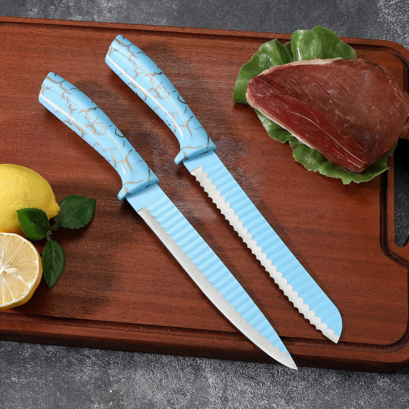 Cuchillo de cocina de punto transfronterizo de siete piezas con base de barril de mármol Cuchillo antiadherente corrugado Ventas directas de fábrica