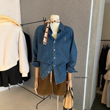 WGWE秋冬韩系老钱风复古水洗小马标宽松显瘦翻领牛仔衬衫女W7923