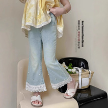 复古女童微喇天丝牛仔裤女孩夏季新款钉珠花边设计薄款垂感喇叭裤