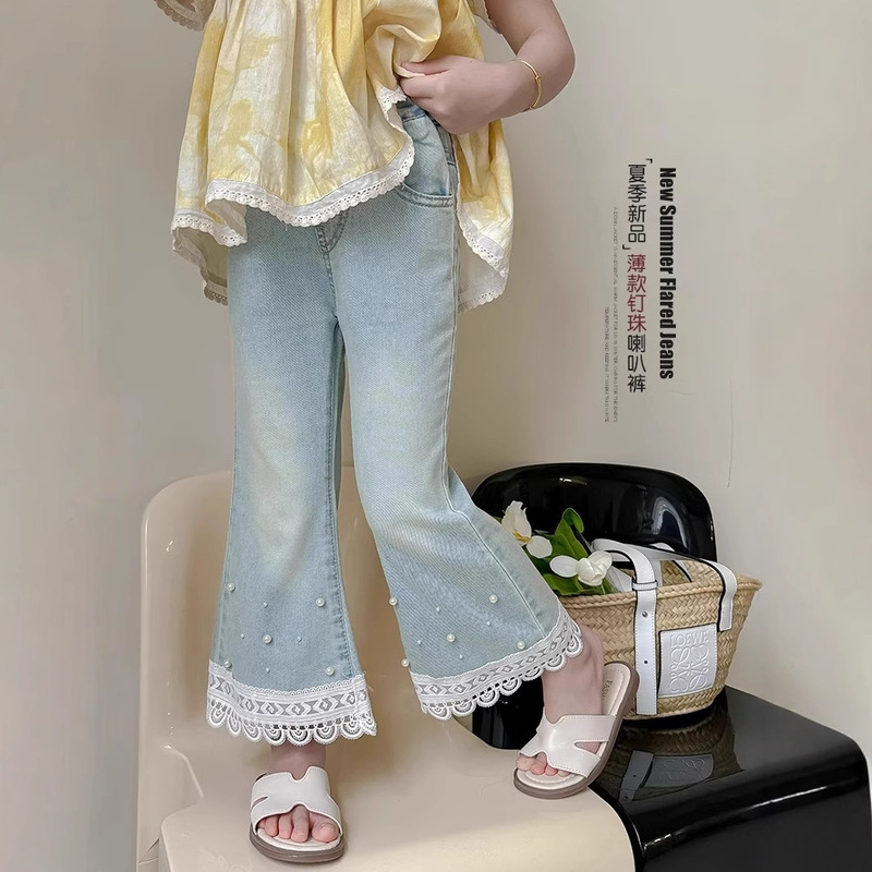 Vintage Girl's Micro-La Tencel Jeans Girl's Summer New Beaded Lace Design Thin Dape Flared Pants