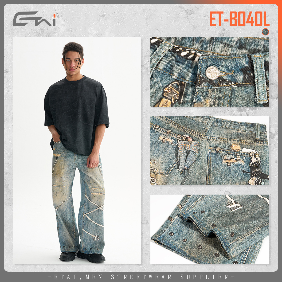 ETAI Hombre| Algodón de alta calidad impresa en 3D jeans rectos sueltos de moda para hombres pesados pantalones para hombres