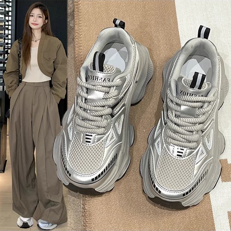 女性用ダッドシューズ 2025 春夏新作厚底滑り止め高さ増加メッシュ通気性多用途軽量スポーツカジュアルシューズ|undefined