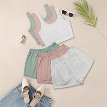 天天特卖欧美外贸睡衣女夏季简约薄款吊带松紧腰短裤家居服套装TK