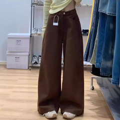 女性用の茶色のワイドレッグジーンズ、ゆったりとしたドレープ、小柄な人向けのハイウエスト、ゆったりとしたカジュアル、多用途、スリム、ストレートレッグ、フロアレングス