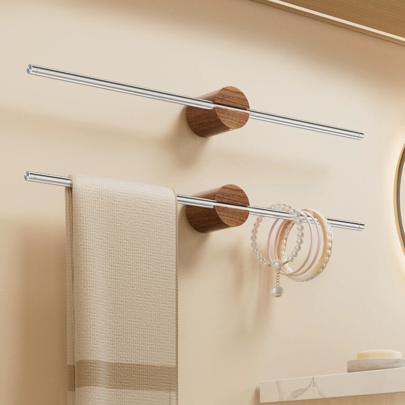 Stainless Steel Walnut Towel Rack, No-Drill Bathroom Towel Bar, Wall-Mounted Single Rod Luxury Bath Towel Rack Stainless Steel Walnut Towel Rack, No-Drill Bathroom Towel Bar, Wall-Mounted Single Rod Luxury Bath Towel Rack