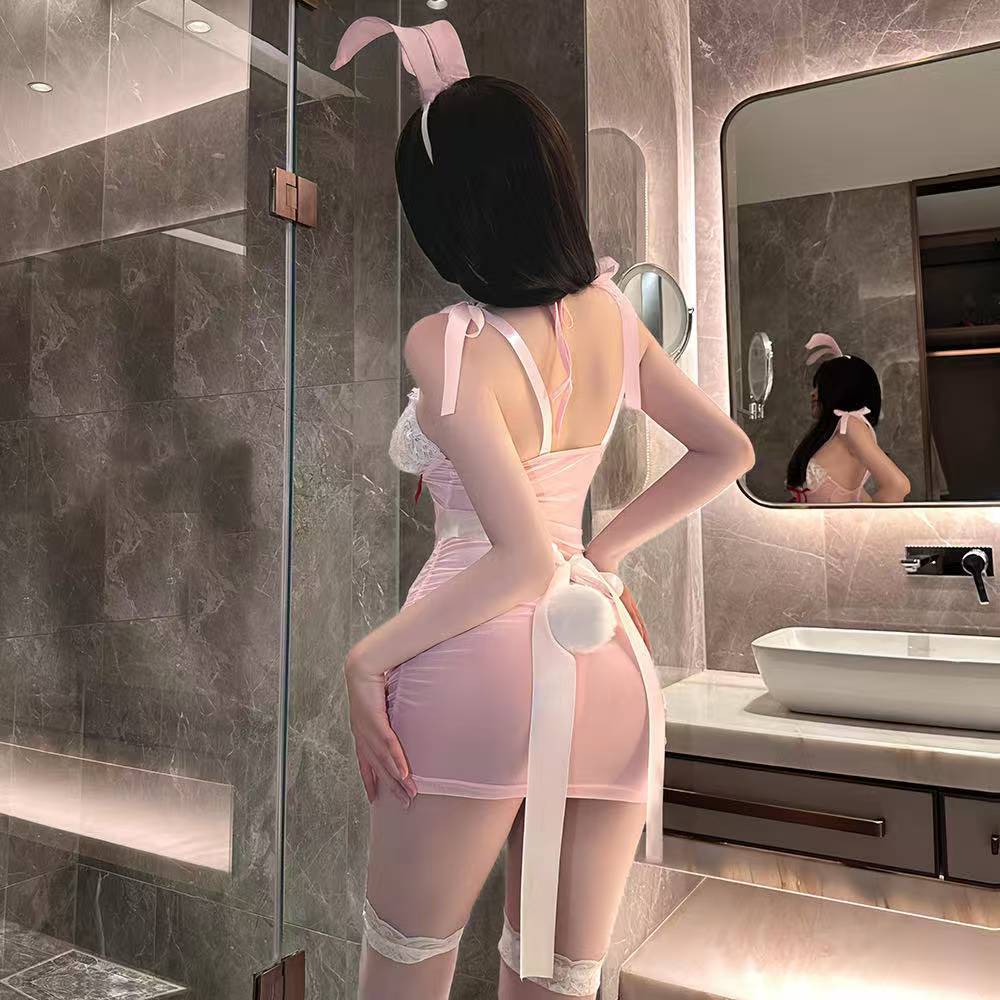 Maid & Bunny Girl Cosplay Lingerie Set with Headband, Apron, Tail and Thong — detail image 3