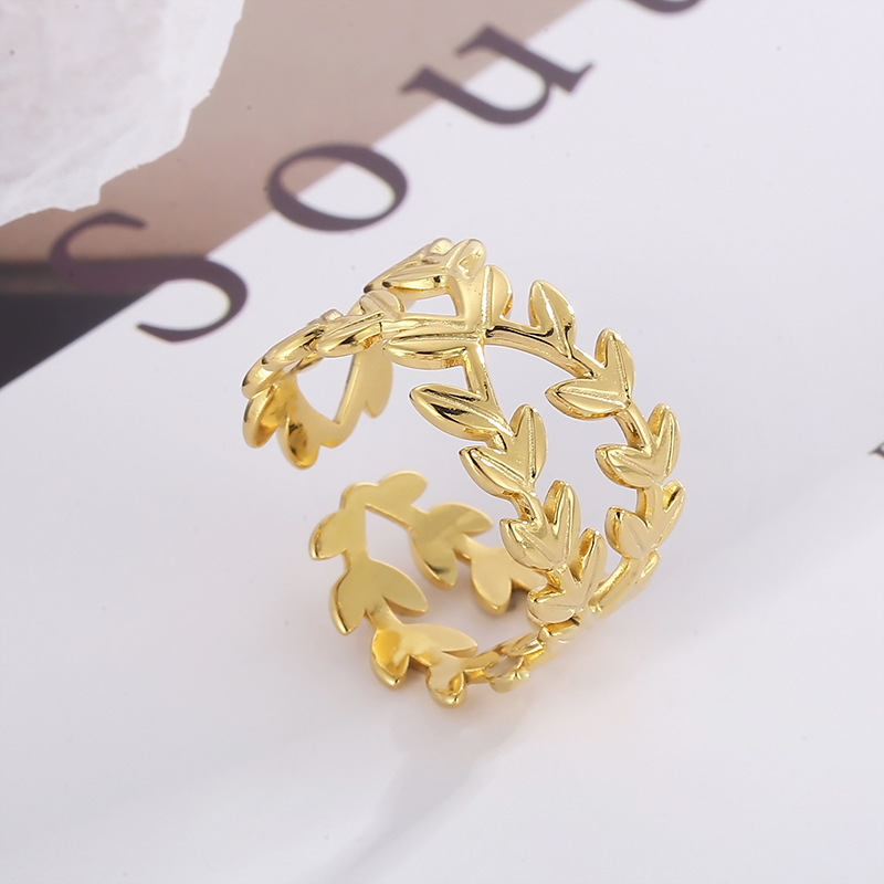 Titanium Steel 18K Gold Plated Fashion Plating Metal Geometric Leaves Rhinestones Rings display picture 2