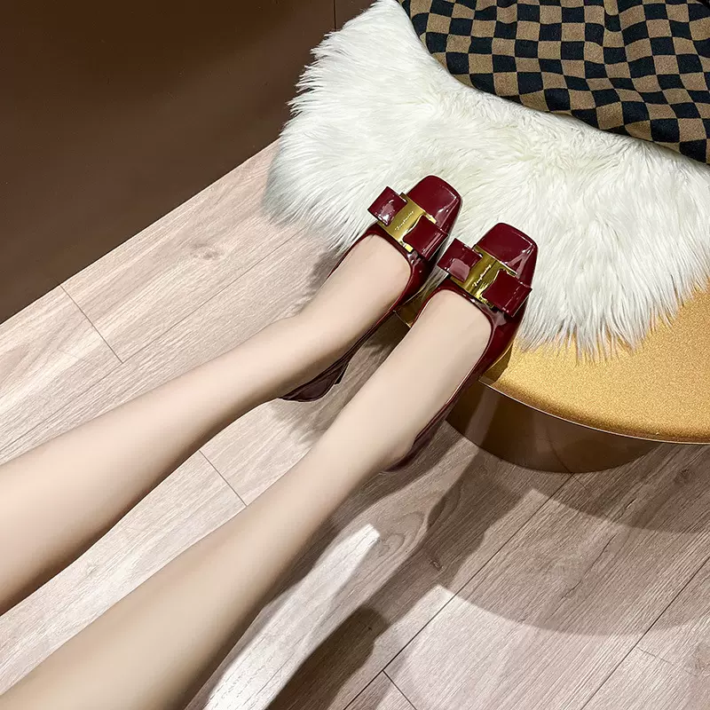 新款小香风透气方头蝴蝶结平底粗跟单鞋女浅口玛丽珍平跟女鞋子