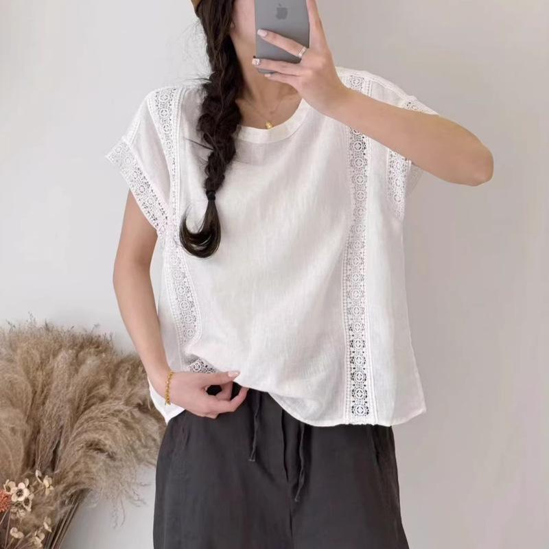 Summer New Style Round Neck Linen Shirt with Fashionable Lace Trim, Solid Color Vintage Style Blouse Wholesale Summer New Style Round Neck Linen Shirt with Fashionable Lace Trim, Solid Color Vintage Style Blouse Wholesale
