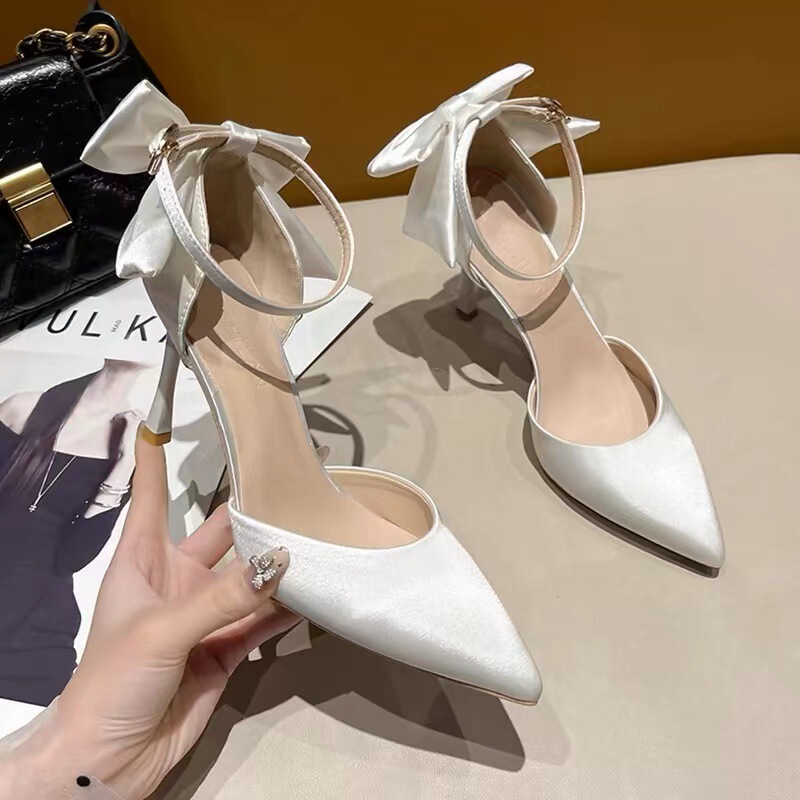 Bow Black High Heels One-Word Buckle 2025 Spring and Summer New Pointed Toe Stiletto Shoes Adult Gift Eighteen Years Old Autumn