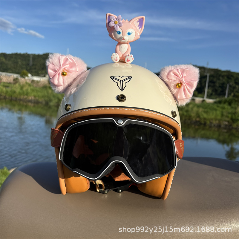 Aima Tailing Accessories Electric Vehicle Decoration Accessories 2025 Niu Electric Vehicle Modification Helmet Stickers Aima Metaverse (Auto Parts and Accessories) - excluding-helmet-free-matching-velcro-pink-bell-ears-small-seated-fox