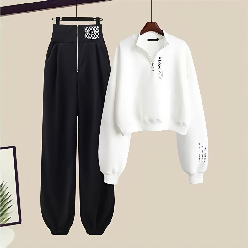 Wholesale New Korean Style Fashionable Short Sweatshirt Casual Sports Pants Internet Celebrity Street Style Two-Piece Set Spring and Autumn Outfit for Women