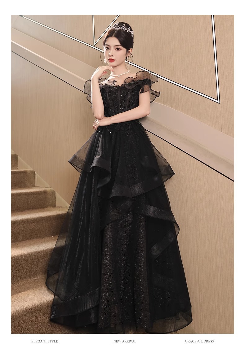 Đầm dạ hội đen trễ vai dáng dài sang trọng — Màu đen, Màu xanh xám chi tiết 13