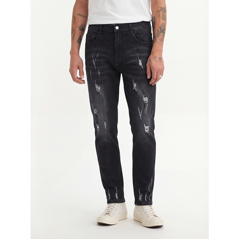 Men's Slim Fit Jeans Fashion Trend Elastic Patch Denim Trousers Mid Waist Black Long Casual Cotton Pants_mkmklike.com
