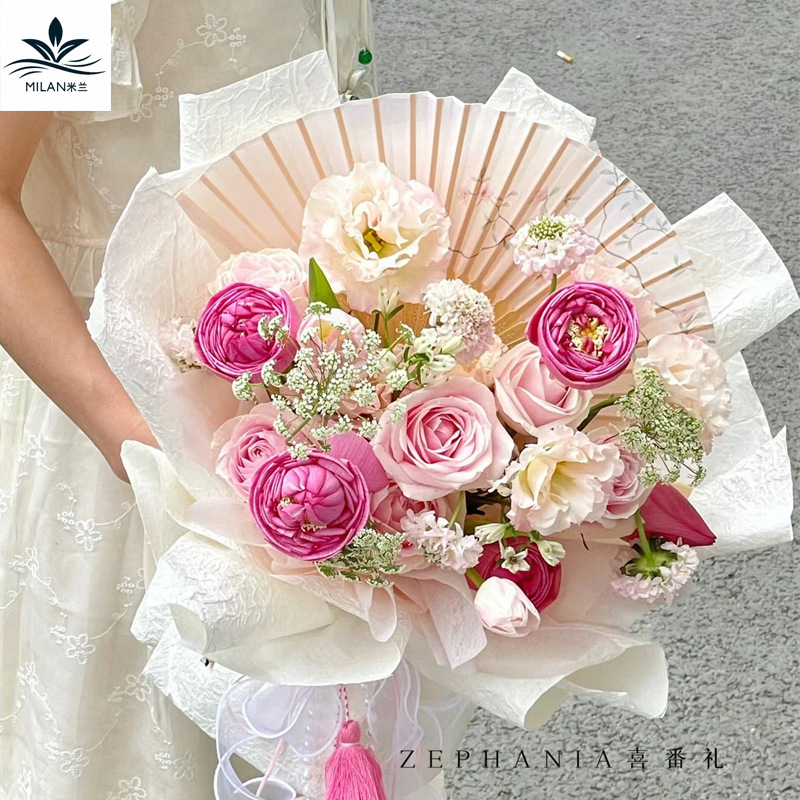 Nuevo estilo chino chino ramo de flores plegables de la novia mano de un ventilador de flores empaquetado de flores hechas a mano DIY material ventilador floral