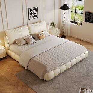 Italian Light Luxury Leather Bed Modern Simple Puff Bed, Scandinavian Solid Wood Large Bed 1.8 Wedding Bed Leather Double Master Bedroom