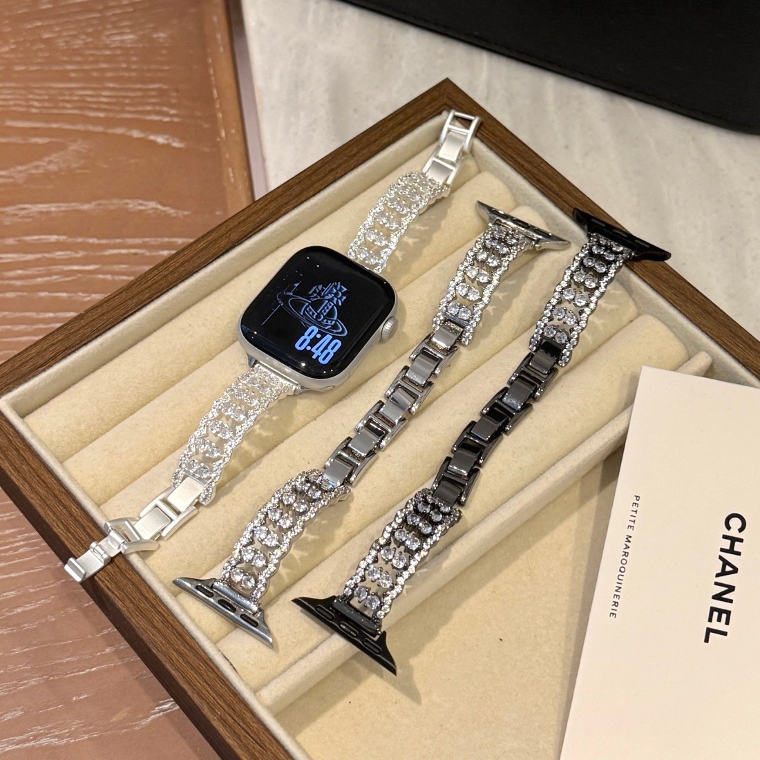 适用苹果手表8910 S11满天星全铜金属表带小米10手链华为Fit4腕带