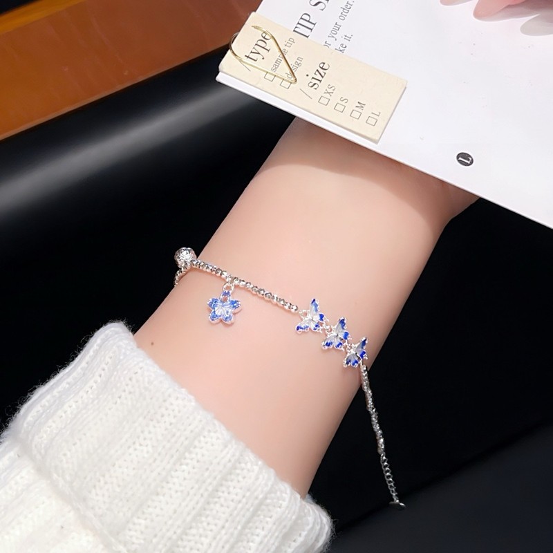 999 純銀ブルーエナメル蝶の花ブレスレットフェミニンニッチデザイン中国風ハイエンドブレスレット卸売|undefined