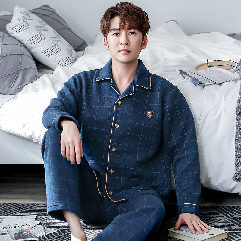 Pijama de hombre otoño y invierno engrosado aire de algodón de manga larga mezclado juvenil de mediana edad caliente primavera y otoño set de ropa de algodón casero