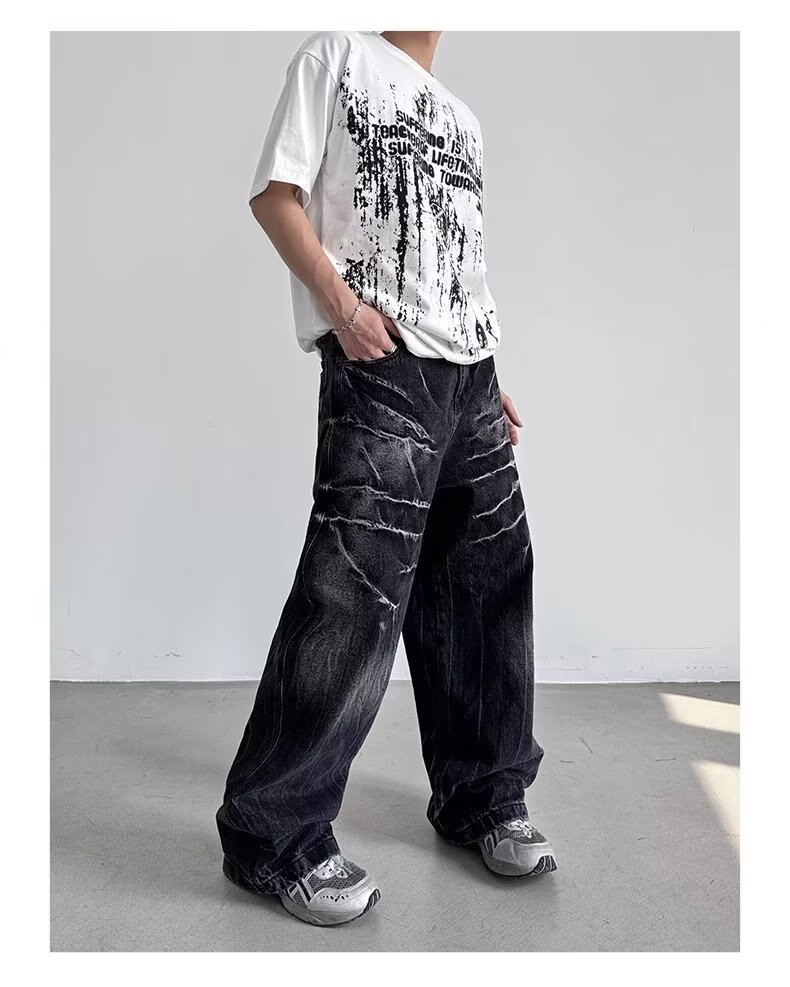 American Style Rivet Lightning Denim Jeans For Men And Women, Wide-Legged Distressed Wash Vintage Drop-Crotch Trousers, Trendy Streetwear Design_mkmklike.com