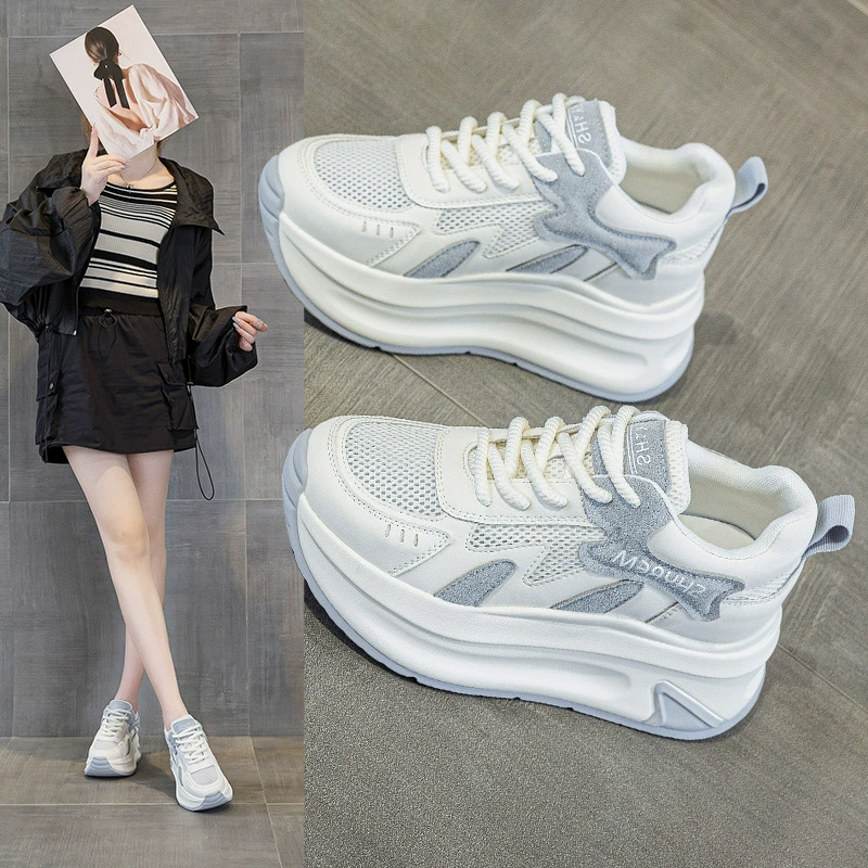 Новые весенние кроссовки 2025 года на толстой подошве, повседневные модные сетчатые кеды в стиле интернет-знаменитостей, увеличивающие рост, с цветными блоками, на шнуровке, для женщин