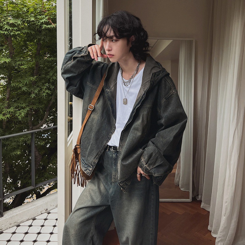MYQ otoño retro viejo traje de mezclilla chaqueta con capucha suelta para hombre jeans rectos de moda coreana