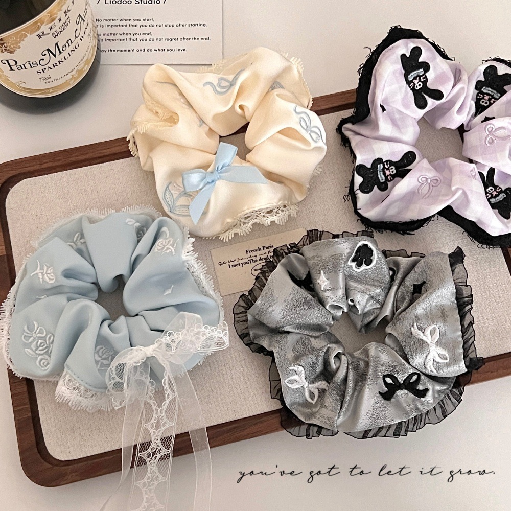 Frase bordada arco dulce anillo de cabello intestino de alta sensibilidad de la niña encaje cuerda de cabello suave adornos para el cabello