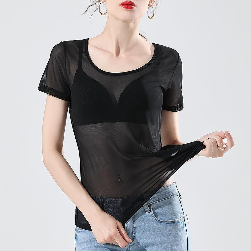 Summer Round Neck Mesh Short-Sleeved T-Shirt Slim Bottoming Shirt Breathable Inner Top Women's Fashion Casual Trendy