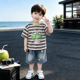 男童夏季韩版短袖套装2026新款儿童时尚牛仔短裤宝宝洋气夏装衣服