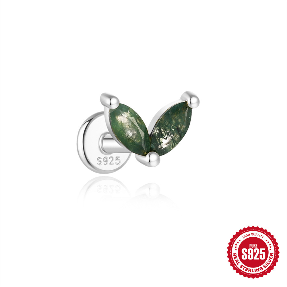 El nuevo s925 simple y moderno hierba de agua natural, uñas de hueso de oreja de ágata, personalidad de lujo ligera europea y americana, pendientes de piedra de musgo verde con incrustaciones