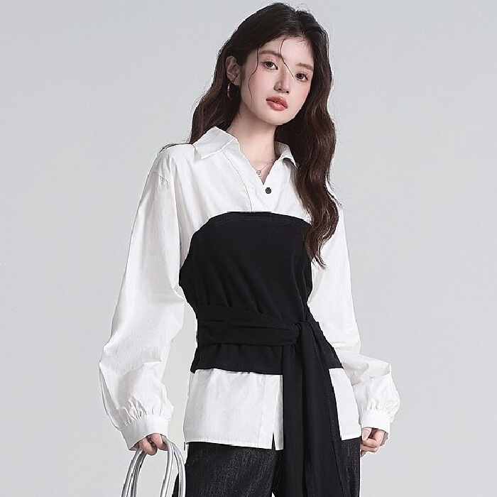 Color-blocked, faux two-piece long-sleeve shirt T-shirt for women, new autumn Korean style, patchwork design, tie-waist, slimming, versatile top