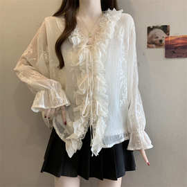 法式刺绣花朵V领长袖蕾丝衫女新款蝴蝶结绑带上衣薄款