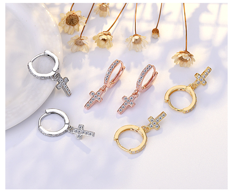 Cross Pattern 1 Pair Simple Style Cross Plating Copper Zircon Drop Earrings