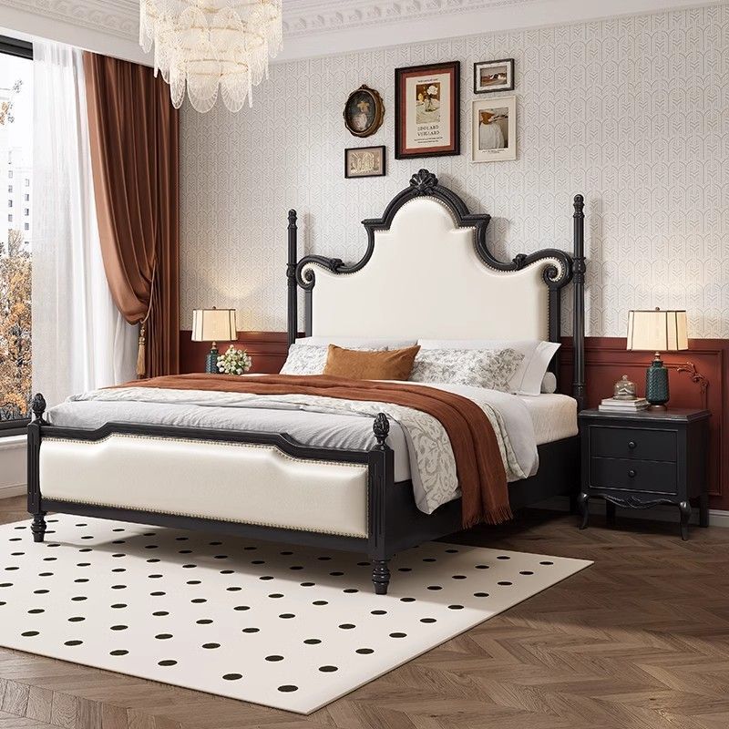 American Style Light Luxury French Style Retro Bed 1.8m Solid Wood Double Bed Modern Simple Master Bed Black Wedding Bed Princess Bed