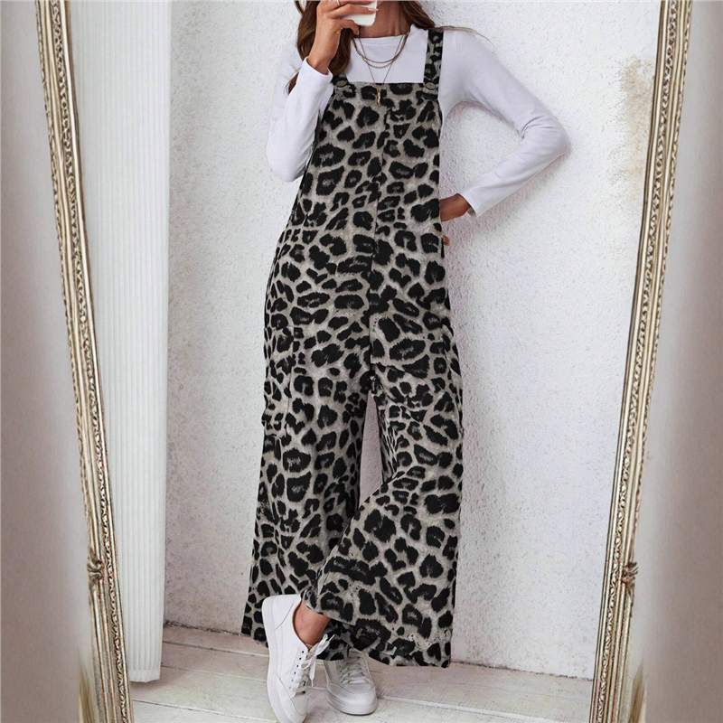 2026 Autumn Cross-Border Trade Amazon European and American Leopard Print Linen Casual Overalls with Pockets Loose-Fit Jumpsuit