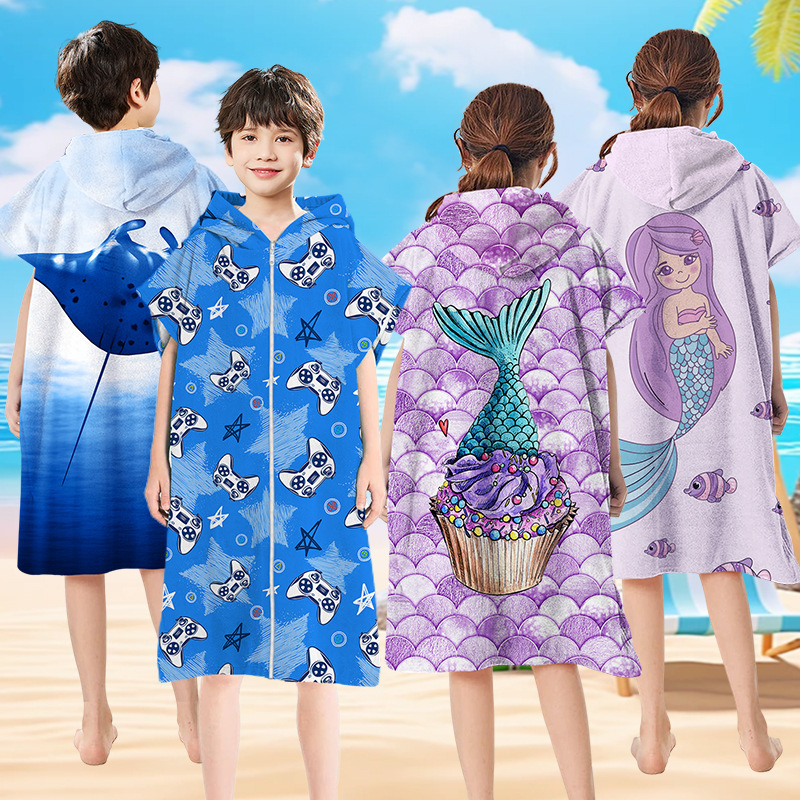 Xiyin Temu Cross-Border Microfiber Zipper Kidsren's Bathrobe, Medium and Large Kidsren's Swimming Beach Changing Clothes, Wearable Bath Towel