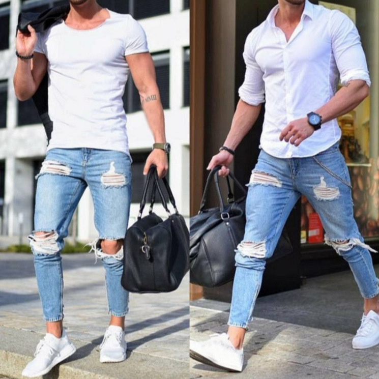 Cross-border New AliExpress Amazon wish European and American Men's Skinny Jeans Light-colored Ripped Leggings
